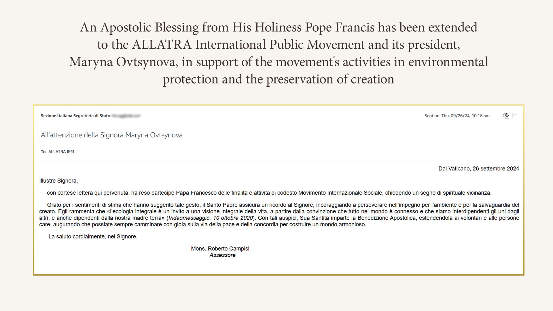 ALLATRA International Public Movement Receives Apostolic Blessing from Pope Francis