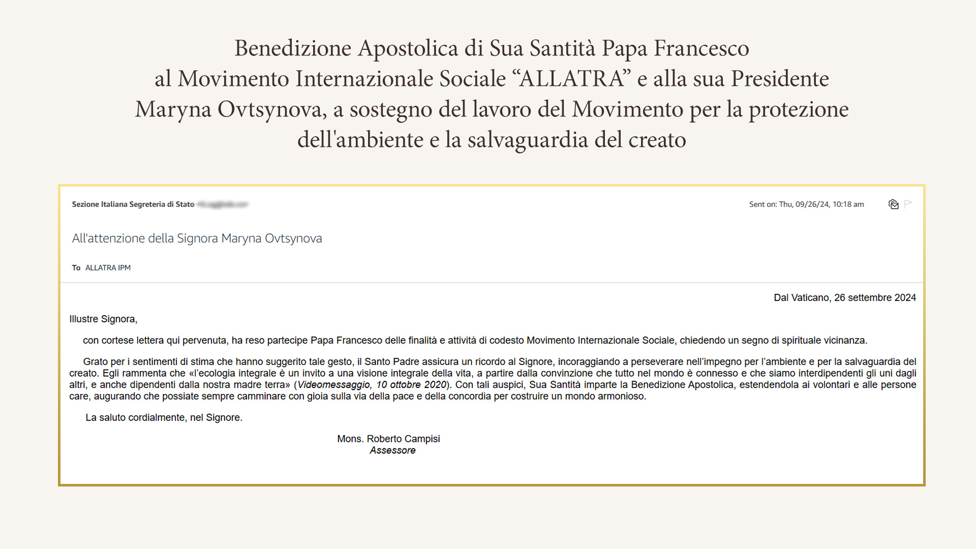 Il Movimento Internazionale Sociale “ALLATRA” ha ricevuto la Benedizione Apostolica di Papa Francesco