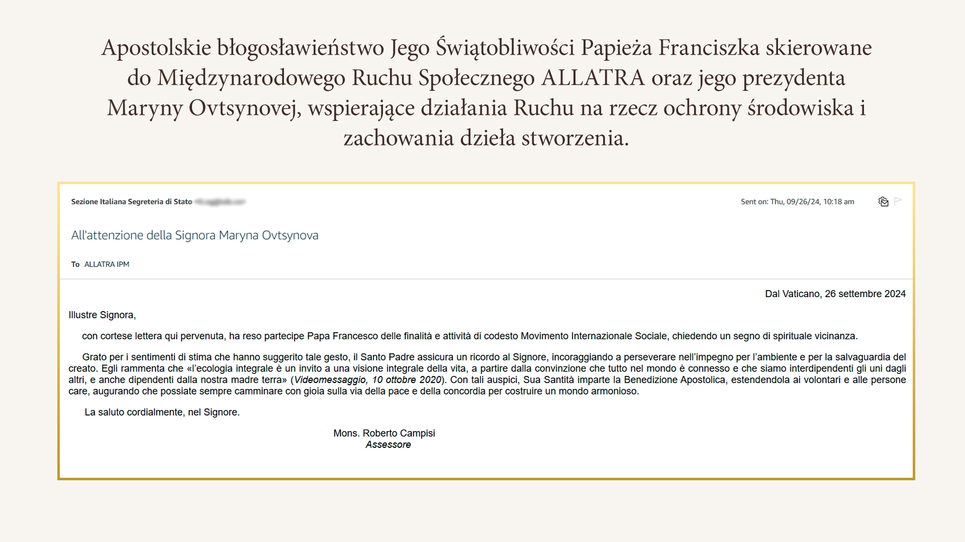 Międzynarodowy Ruch Społeczny ALLATRA otrzymał Apostolskie Błogosławieństwo od Papieża Franciszka