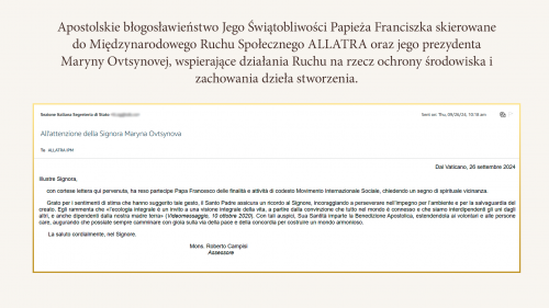 Międzynarodowy Ruch Społeczny ALLATRA otrzymał Apostolskie Błogosławieństwo od Papieża Franciszka