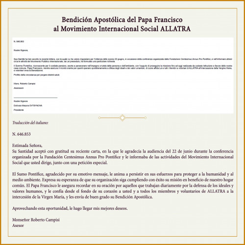 La presidenta de ALLATRA expresa su gratitud al Papa Francisco por su bendición apostólica y su apoyo a favor de la unidad
