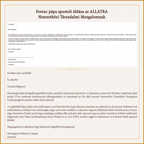 Az ALLATRA elnöke köszönetet fejezett ki Ferenc pápának az apostoli áldásért és az egység támogatásáért