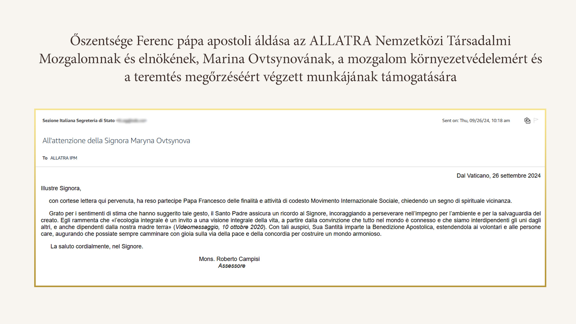 Ferenc pápa apostoli áldását adta az ALLATRA Nemzetközi Társadalmi Mozgalomnak