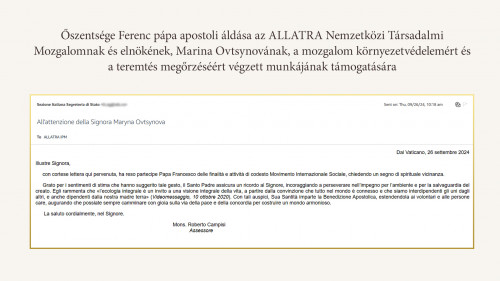 Ferenc pápa apostoli áldását adta az ALLATRA Nemzetközi Társadalmi Mozgalomnak