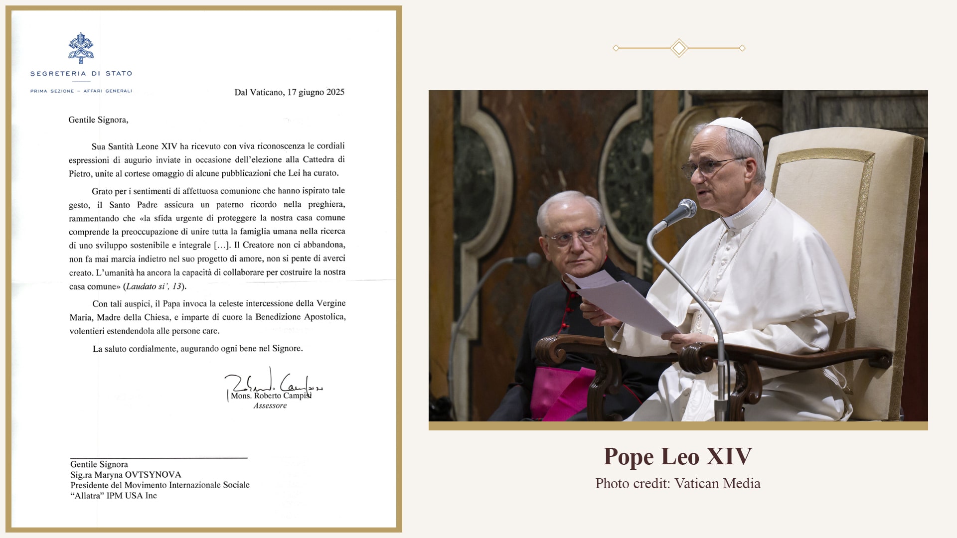 O Movimento Social Internacional ALLATRA expressa a sua gratidão a Sua Santidade o Papa Leão XIV pela sua bênção. Uma nova etapa de cooperação global